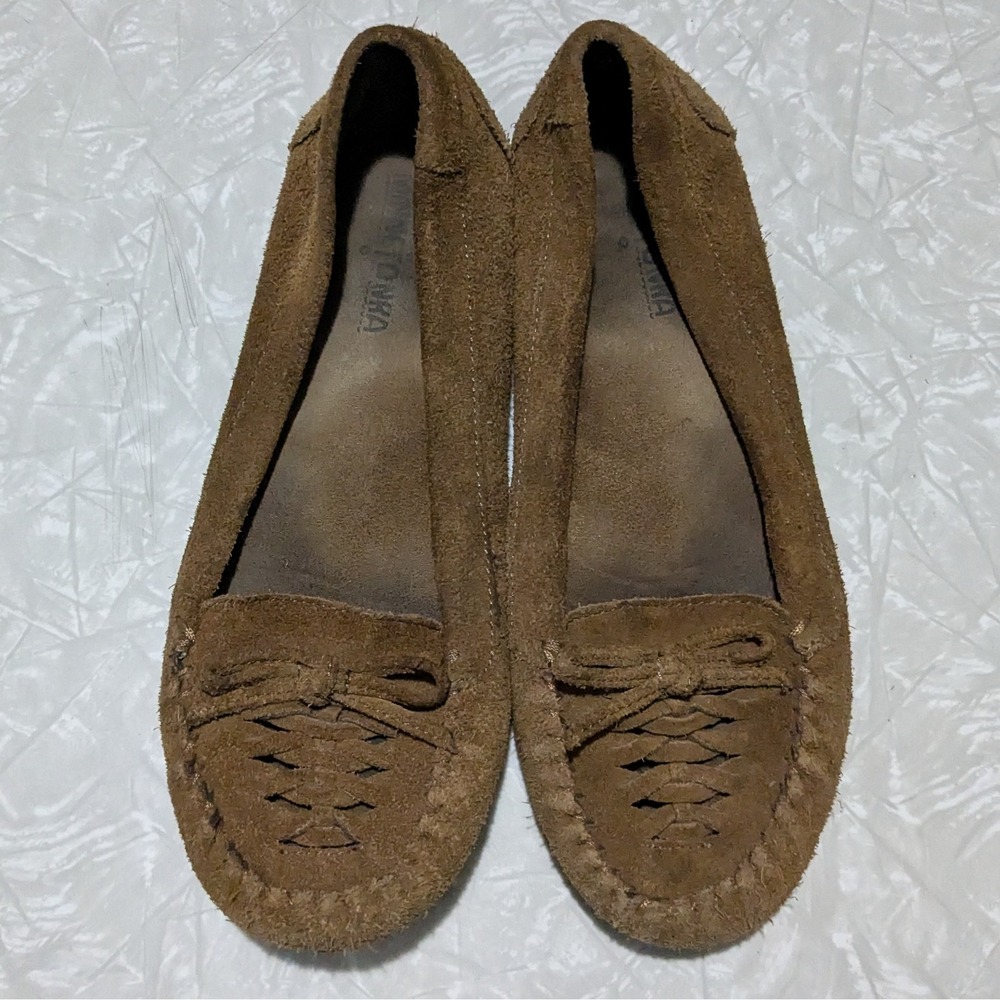 Minnetonka Brown Suede Moccasin Woven Bow Flats Shoes Women's Size 8